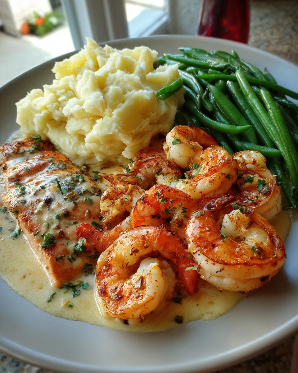Impressive Cajun Shrimp Salmon: 1 Hour Magic 6 Cajun Shrimp and Salmon with Garlic Cream Sauce, Mashed Potatoes, and Green Beans: A Flavor-Packed Dinner to Impress - detail 2