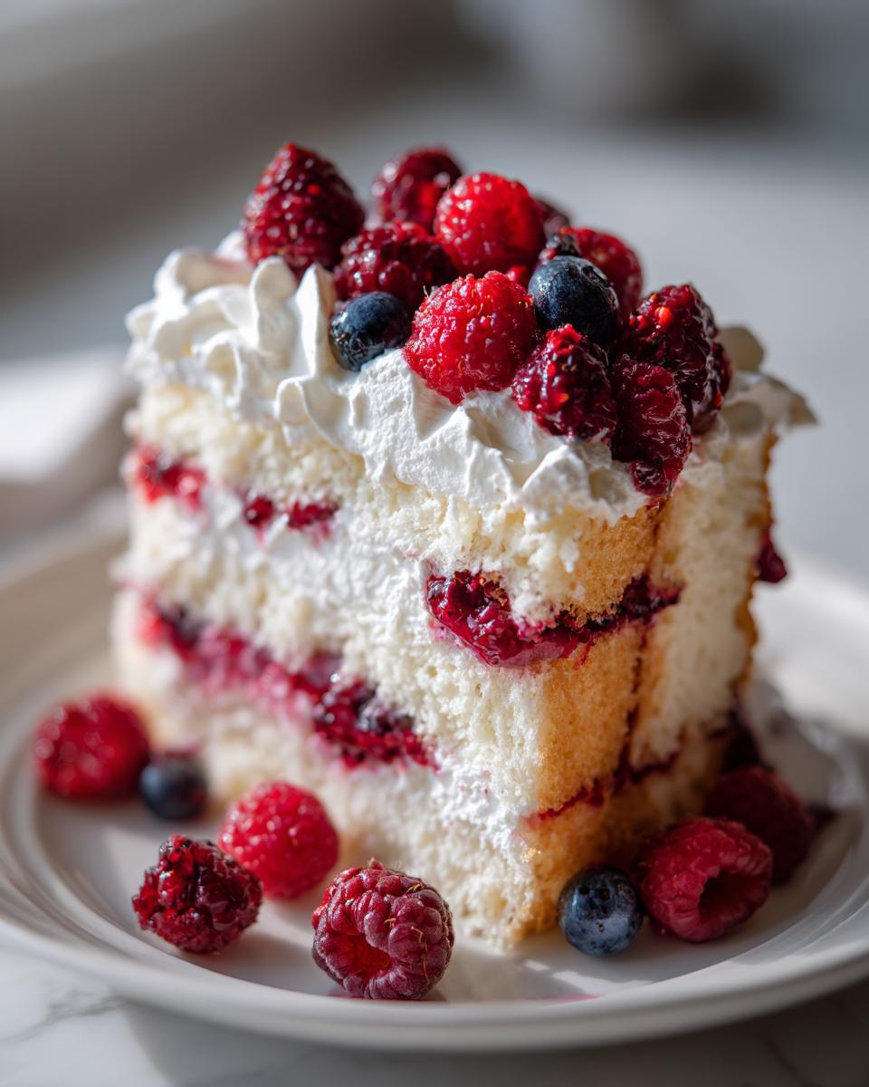 Heavenly Angel Food Cake with Berries Now 5 A slice of Angel Food Cake with Macerated Berries and Whipped Cream, topped with fresh berries.