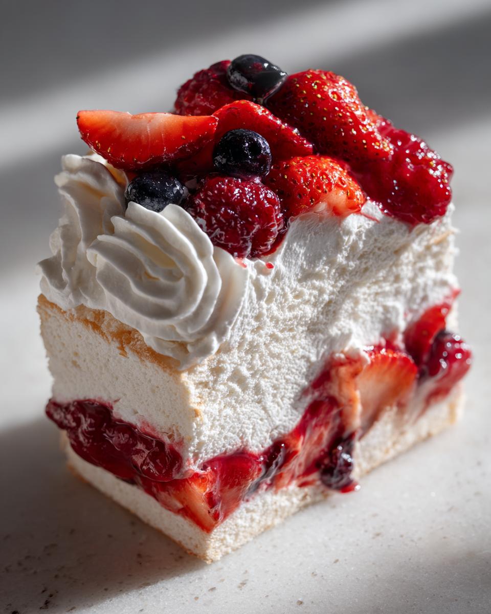 Heavenly Angel Food Cake with Berries Now 4 A slice of Angel Food Cake with Macerated Berries and Whipped Cream, showcasing layers of fluffy cake, fresh berries, and creamy frosting.
