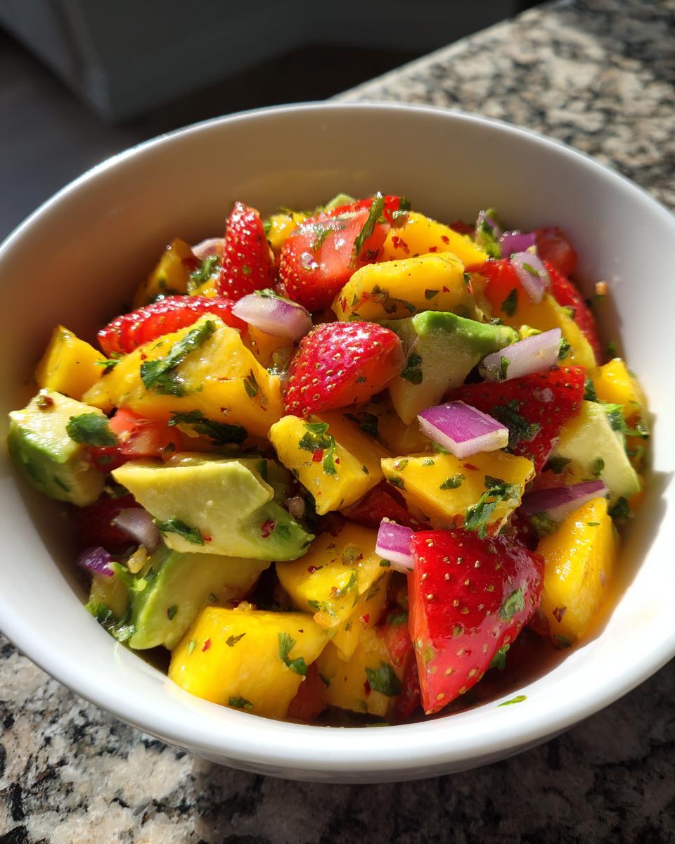 Fresh Avocado Strawberry Mango Salsa Perfect Summer Dip 5 Close-up of a bowl filled with fresh Avocado Strawberry Mango Salsa, a vibrant mix of fruits and herbs.