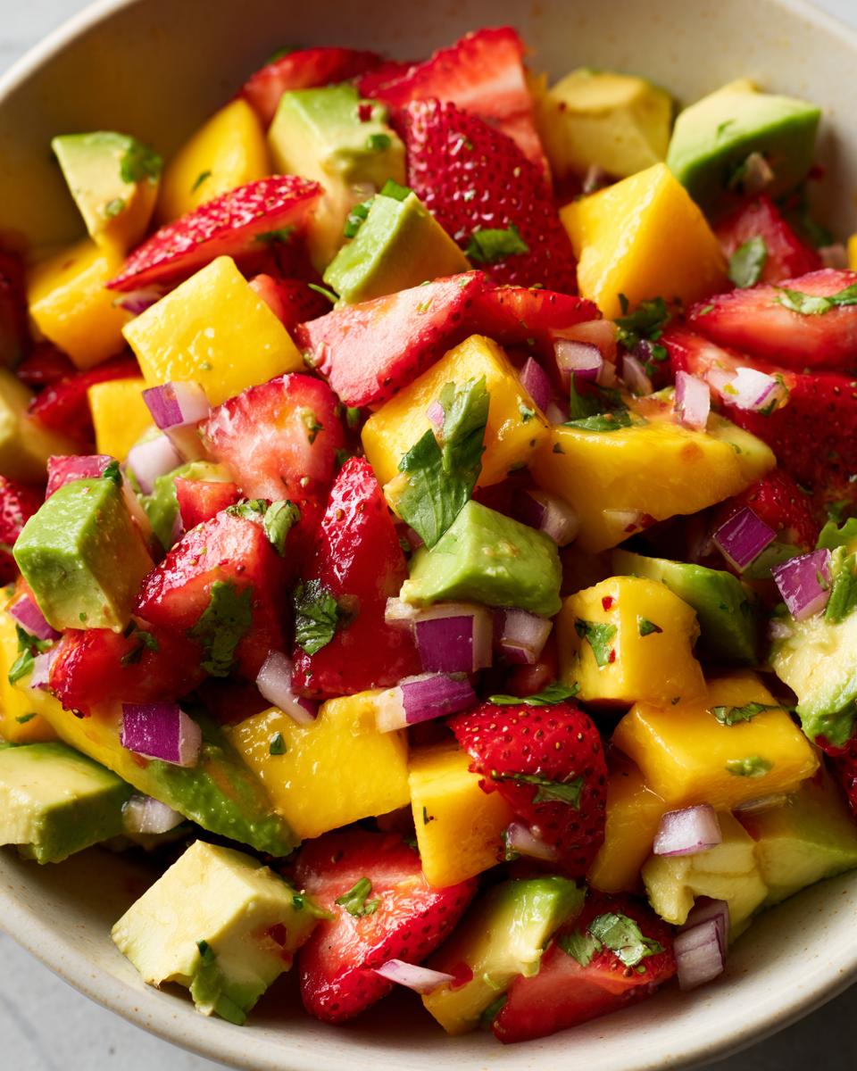 Fresh Avocado Strawberry Mango Salsa Perfect Summer Dip 4 Close-up of a bowl filled with fresh Avocado Strawberry Mango Salsa, a vibrant mix of diced fruits and red onion.