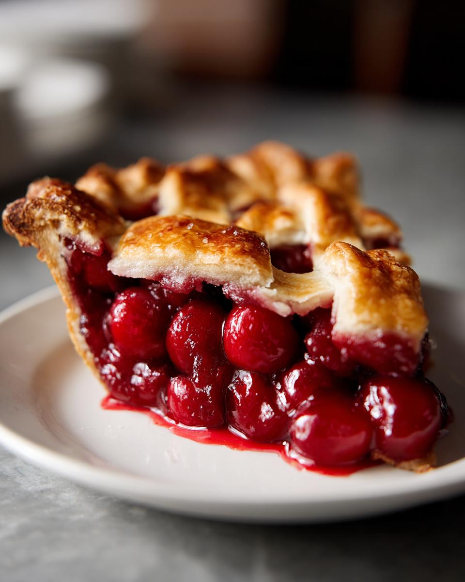 The Best Tart Cherry Pie You Will Ever Make 4 A close-up of a slice of The Best Tart Cherry Pie, showcasing a flaky crust and abundant, juicy cherries.