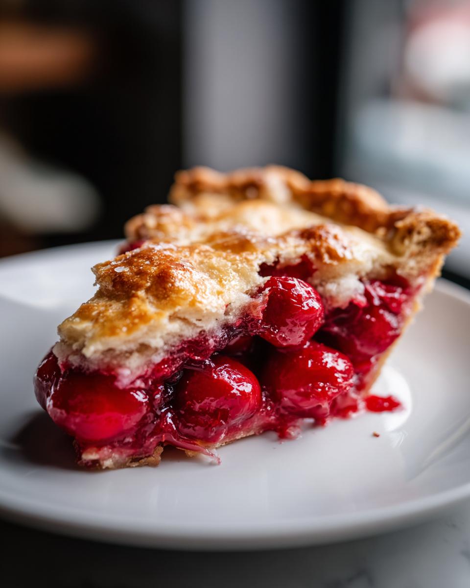 The Best Tart Cherry Pie You Will Ever Make 5 A close-up of a slice of The Best Tart Cherry Pie, showcasing a flaky golden crust and a generous filling of bright red cherries.