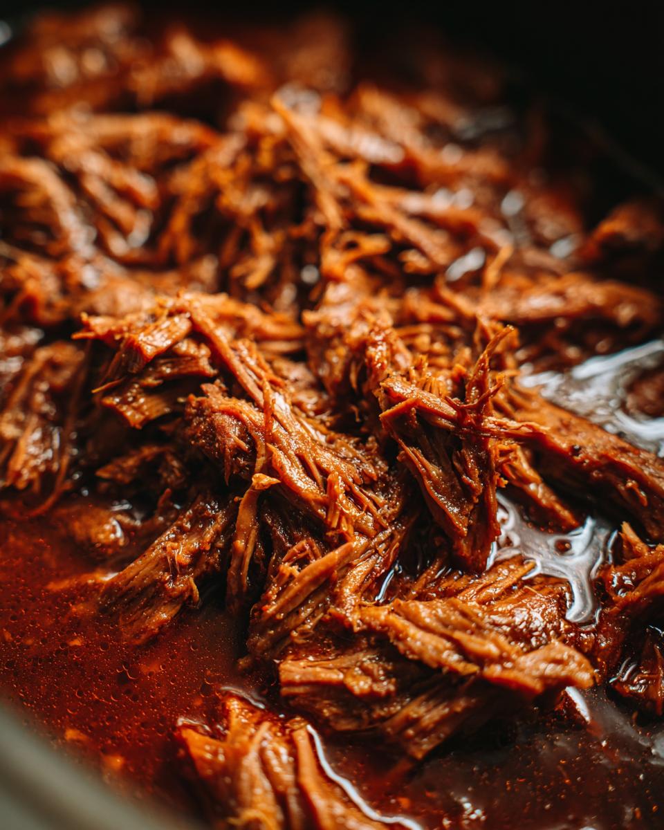 Soul Warming Birria Recipe Mexican Crockpot Comfort 4 Close-up of tender, shredded beef from a Birria Recipe Mexican Crockpot, swimming in rich, red broth.