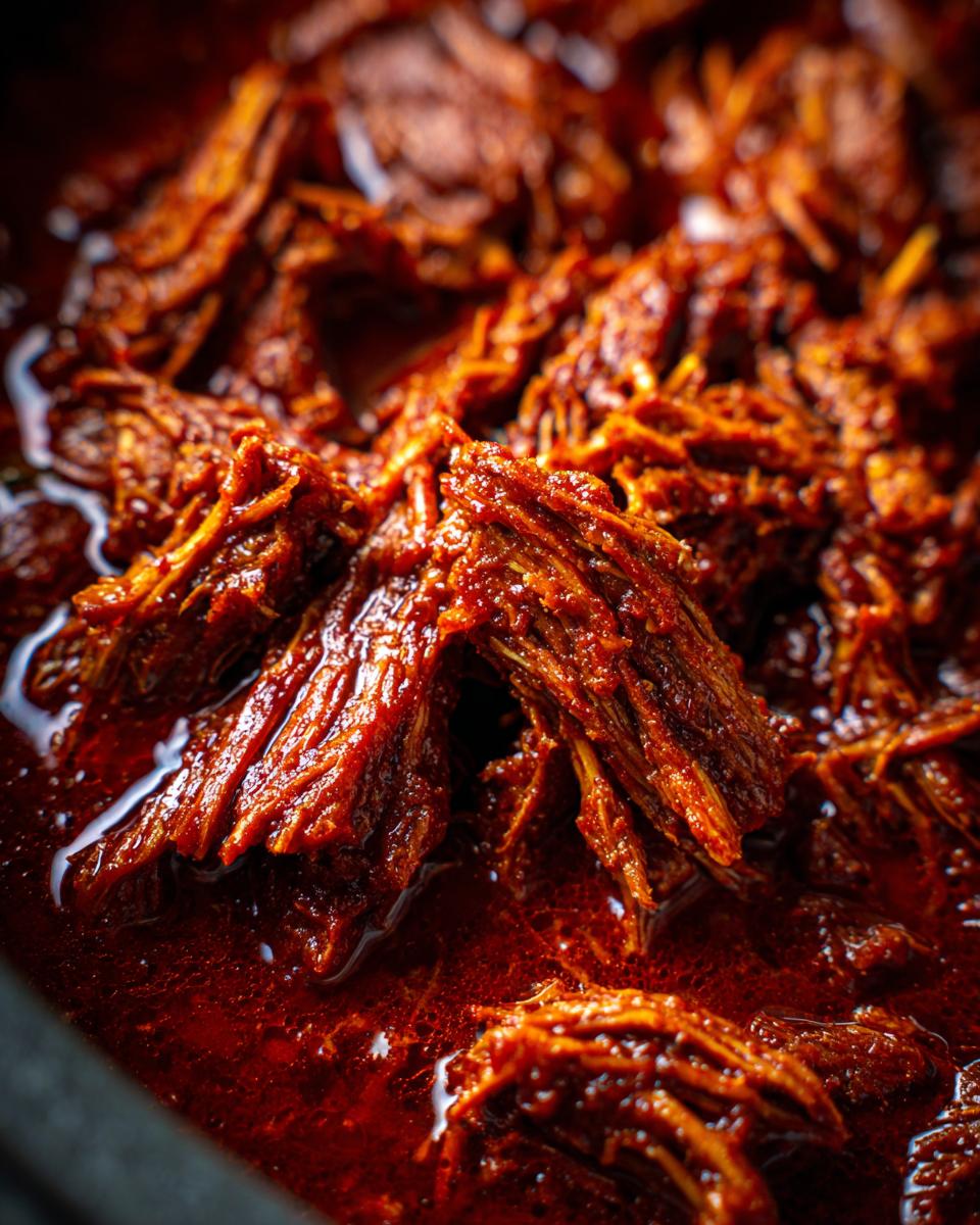 Soul Warming Birria Recipe Mexican Crockpot Comfort 5 Close-up of shredded beef in a rich, red broth, perfect for a Soul Warming Birria Recipe Mexican Crockpot.