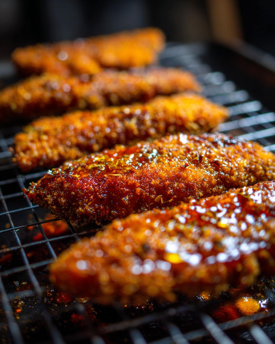 Fast Blackstone Garlic Parmesan Chicken Dinner 5 Close-up of crispy Blackstone Garlic Parmesan Chicken pieces glazed with sauce on a wire rack.