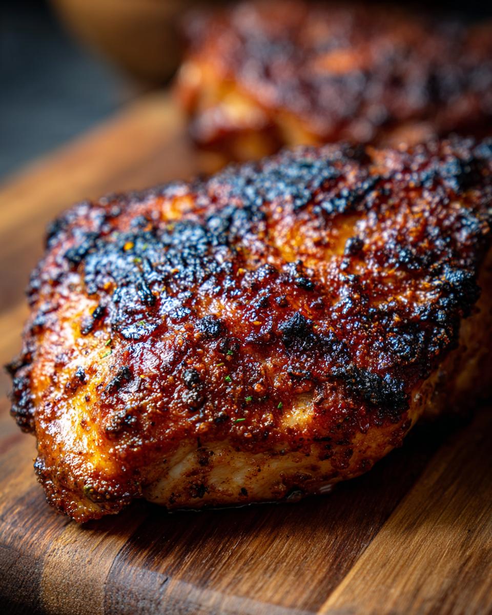 Fast Blackstone Garlic Parmesan Chicken Dinner 4 Close-up of perfectly cooked Blackstone Garlic Parmesan Chicken with a crispy, seasoned crust on a wooden board.