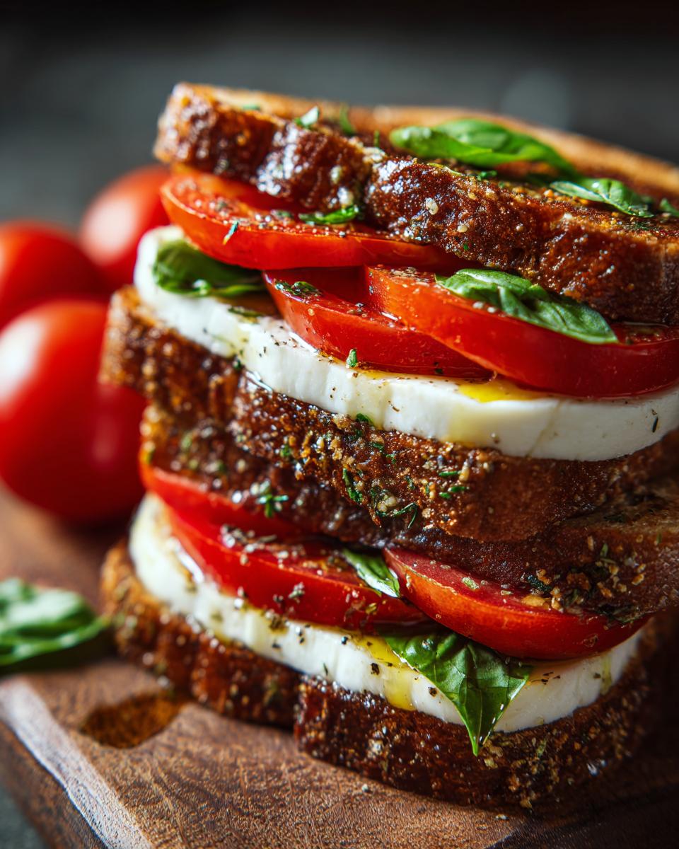 Caprese Sandwich: 10-Minute Refreshing Bite 4 A tall, stacked Caprese sandwich with fresh mozzarella, ripe tomatoes, and basil leaves on toasted bread.