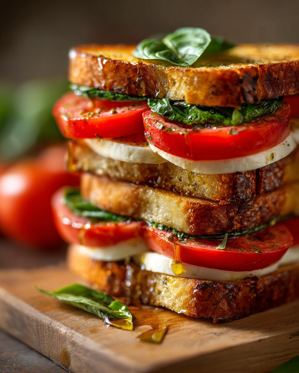 Caprese Sandwich: 10-Minute Refreshing Bite 5 A tall, stacked Caprese Sandwich with toasted bread, fresh mozzarella, ripe tomatoes, and basil leaves, drizzled with olive oil.