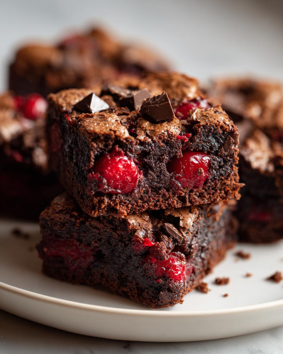 Irresistibly Fudgy Cherry Cardamom Brownies 4 Close-up of fudgy Cherry Cardamom Chocolate Brownies stacked on a plate, with whole cherries and chocolate chunks visible.