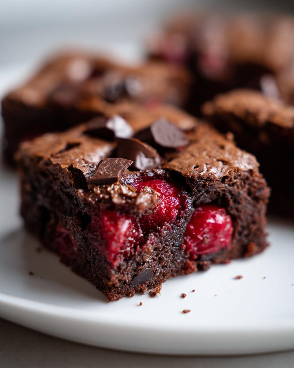 Irresistibly Fudgy Cherry Cardamom Brownies 5 Close-up of fudgy Cherry Cardamom Chocolate Brownies with whole cherries and chocolate chips.