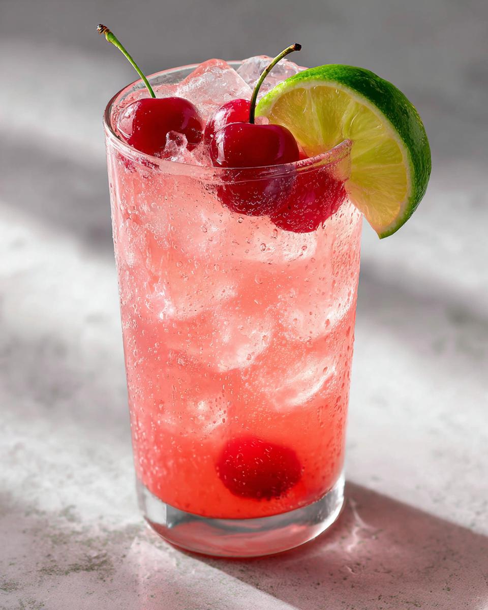 Cherry Limeade Recipe: Sweet & Zesty Delight 4 A refreshing Cherry Limeade Recipe in a tall glass, garnished with fresh cherries and a lime wedge, filled with ice.