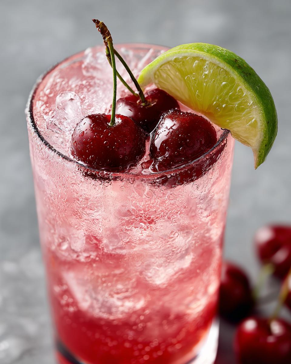 Cherry Limeade Recipe: Sweet & Zesty Delight 5 A refreshing Cherry Limeade recipe drink in a tall glass, garnished with fresh cherries and a lime wedge.