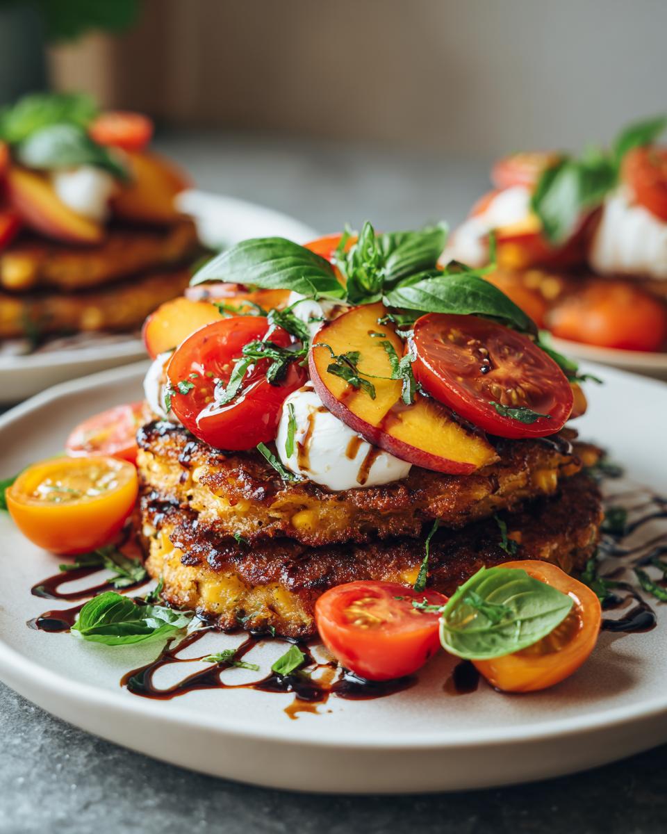 Corn Fritter Caprese: Sweet Summer Bliss 4 A stack of golden Corn Fritter Caprese topped with fresh peaches, tomatoes, mozzarella, and basil, drizzled with balsamic glaze.