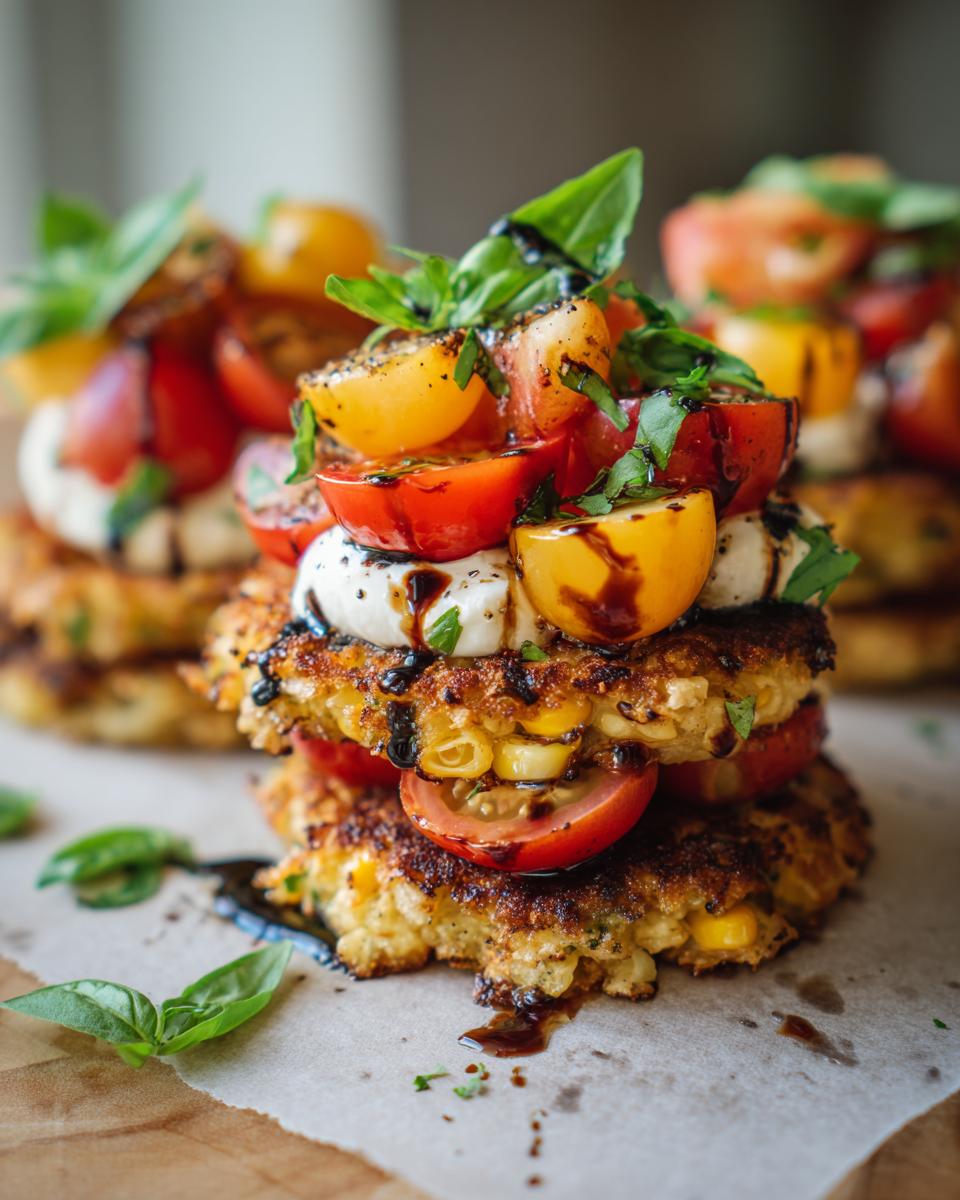 Corn Fritter Caprese: Sweet Summer Bliss 5 A towering stack of Corn Fritter Caprese featuring corn fritters, fresh mozzarella, cherry tomatoes, and basil, drizzled with balsamic glaze.