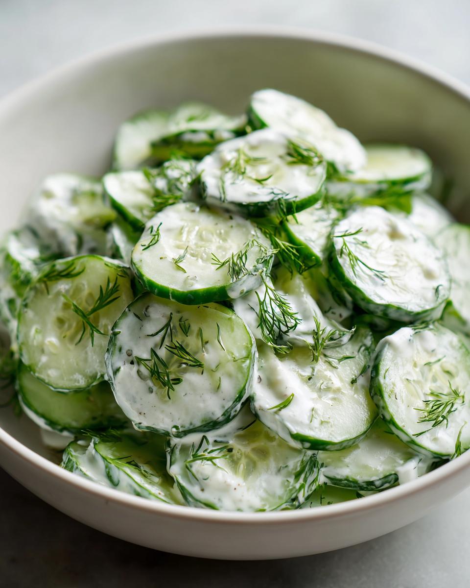 Cool Creamy Cucumber Salad: Refreshing Summer Delight 4 Close-up of a bowl filled with Creamy Cucumber Salad, featuring thinly sliced cucumbers coated in a creamy dressing and fresh dill.