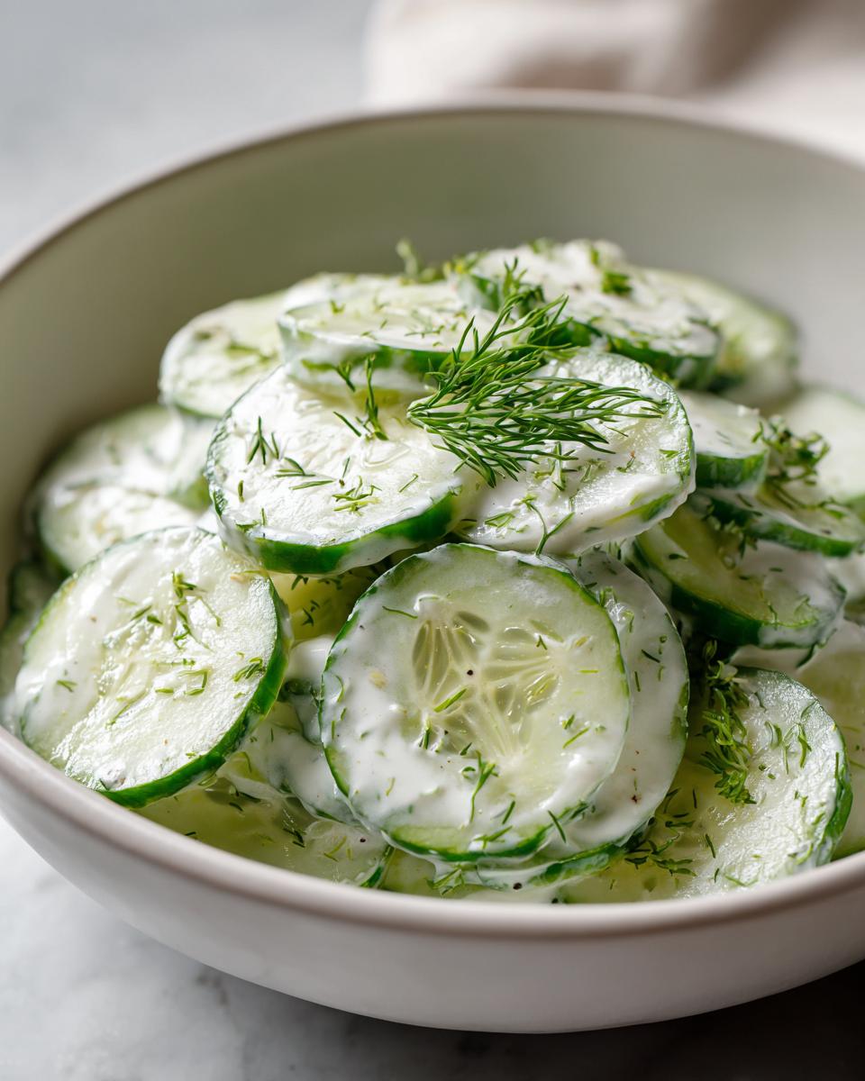 Cool Creamy Cucumber Salad: Refreshing Summer Delight 5 Close-up of a bowl filled with Creamy Cucumber Salad, featuring thinly sliced cucumbers coated in a creamy dressing and garnished with fresh dill.