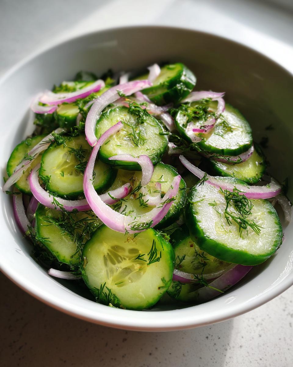 Cucumber Salad: 15-Min Refreshingly Crisp Bliss 4 Close-up of a bowl filled with refreshingly crisp cucumber salad, featuring sliced cucumbers, red onions, and dill.