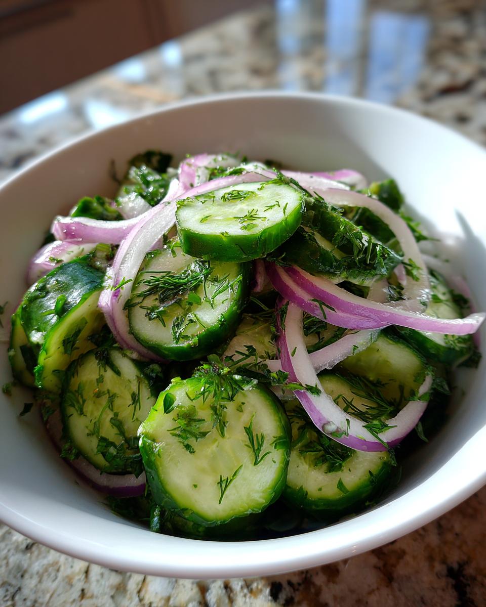 Cucumber Salad: 15-Min Refreshingly Crisp Bliss 5 Close-up of a white bowl filled with a refreshing Cucumber Salad with thinly sliced red onions and fresh dill.