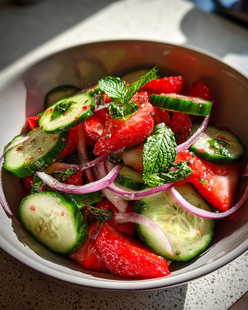Cucumber Strawberry Salad: Sweet, Bright Delight 5 Close-up of a refreshing Cucumber Strawberry Salad with sliced cucumbers, strawberries, red onion, and mint leaves.