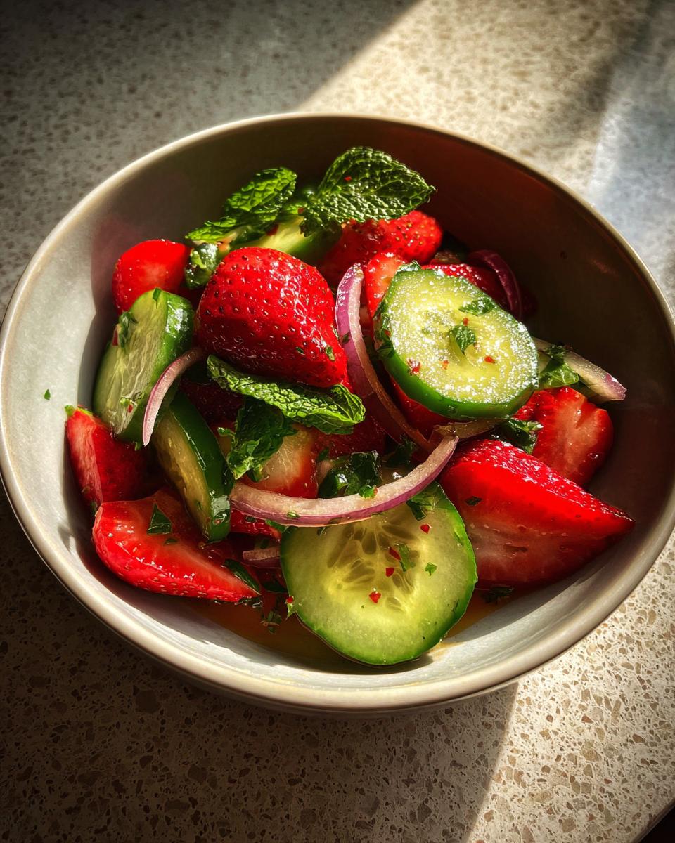 Cucumber Strawberry Salad: Sweet, Bright Delight 4 A refreshing Cucumber Strawberry Salad with sliced strawberries, cucumber, red onion, and mint leaves.