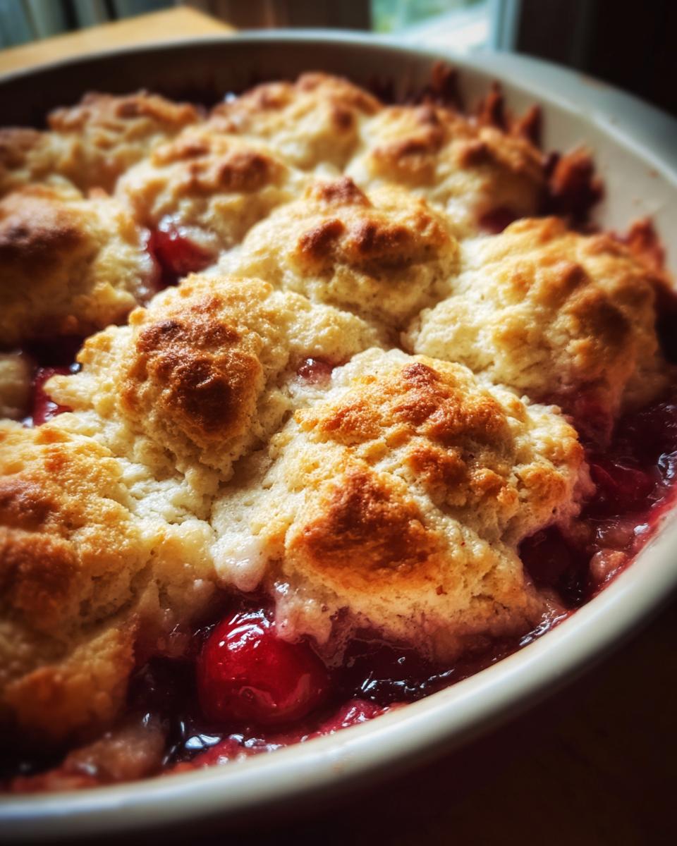 Easy Cherry Biscuit Cobbler: Sweet Summer Comfort 5 Close-up of a baked Easy Cherry Biscuit Cobbler, showing golden biscuits and bubbling cherry filling.