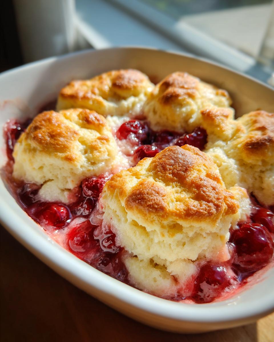 Easy Cherry Biscuit Cobbler: Sweet Summer Comfort 4 Close-up of a golden-brown Easy Cherry Biscuit Cobbler bubbling with sweet summer fruit.
