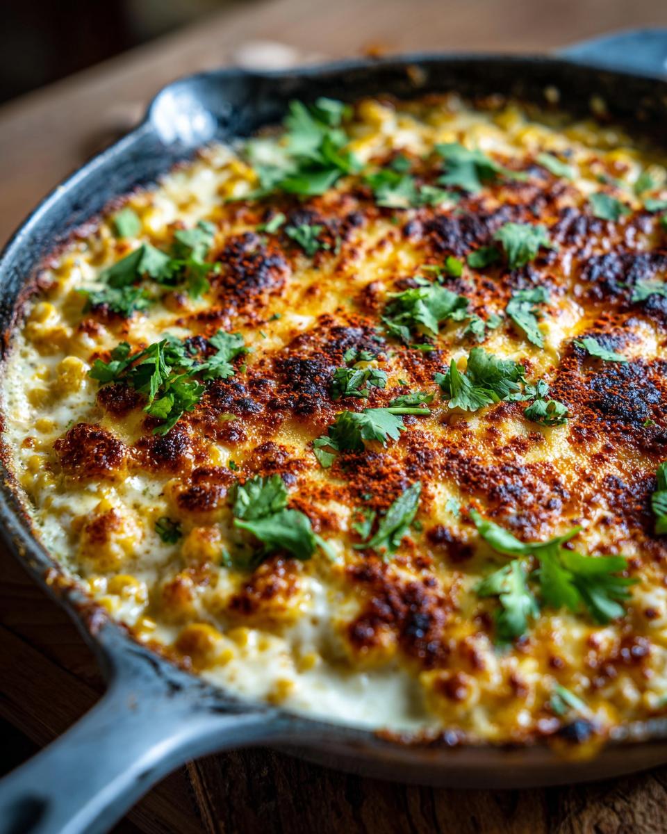Creamy Elote Street Corn Dip: Addictive Party Hit 4 Close-up of a cast iron skillet filled with creamy Elote Street Corn Dip, topped with melted cheese and fresh cilantro.