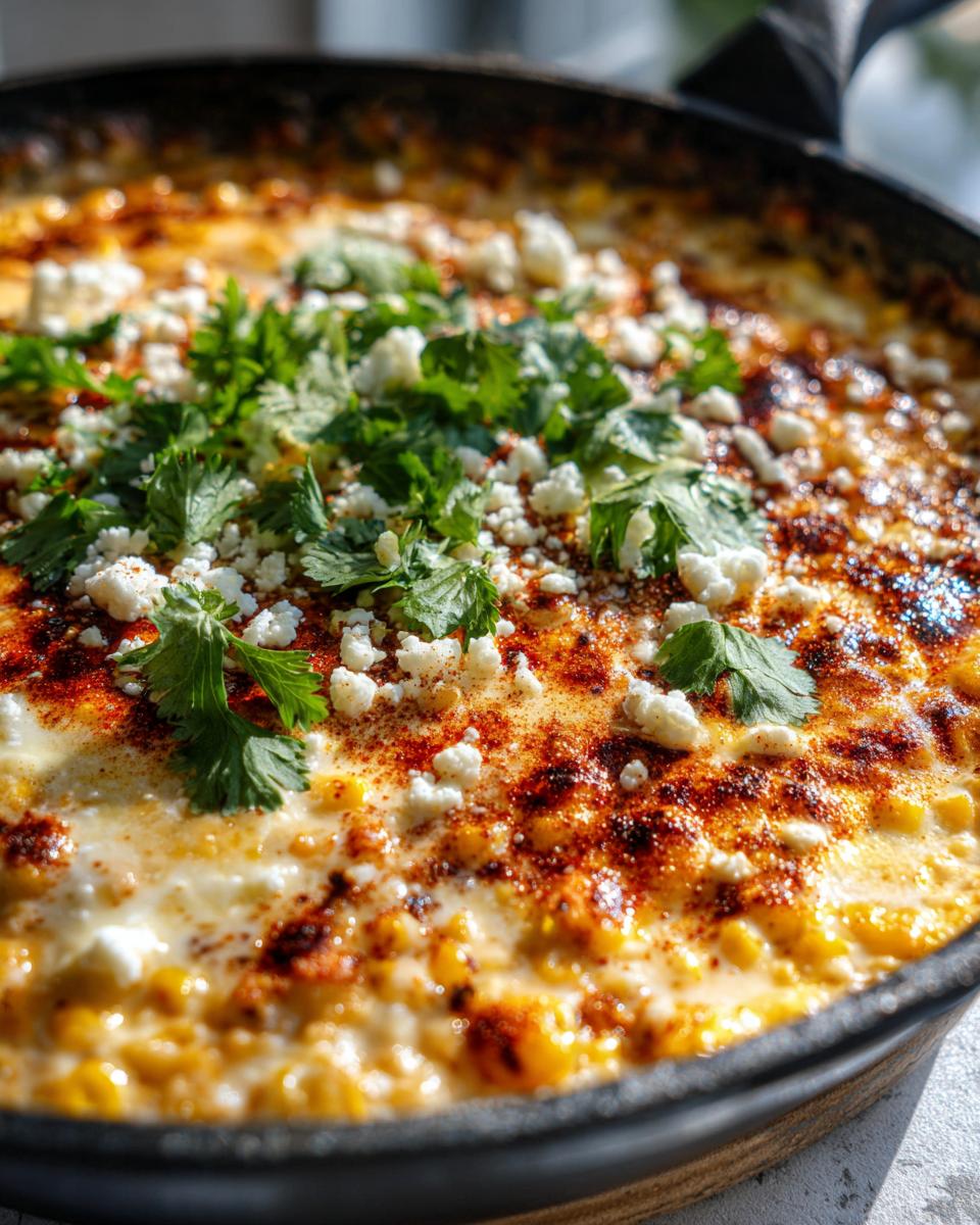 Creamy Elote Street Corn Dip: Addictive Party Hit 5 Close-up of creamy Elote Street Corn Dip in a black skillet, topped with crumbled cheese and fresh cilantro.