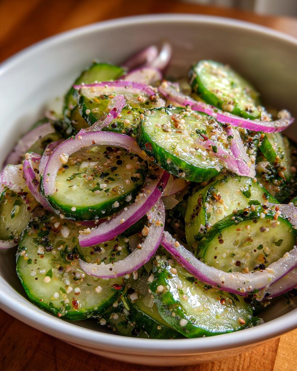 Everything Bagel Cucumber Salad: Pure Crunchy Joy 4 Close-up of Everything Bagel Cucumber Salad with sliced cucumbers, red onions, and everything bagel seasoning.