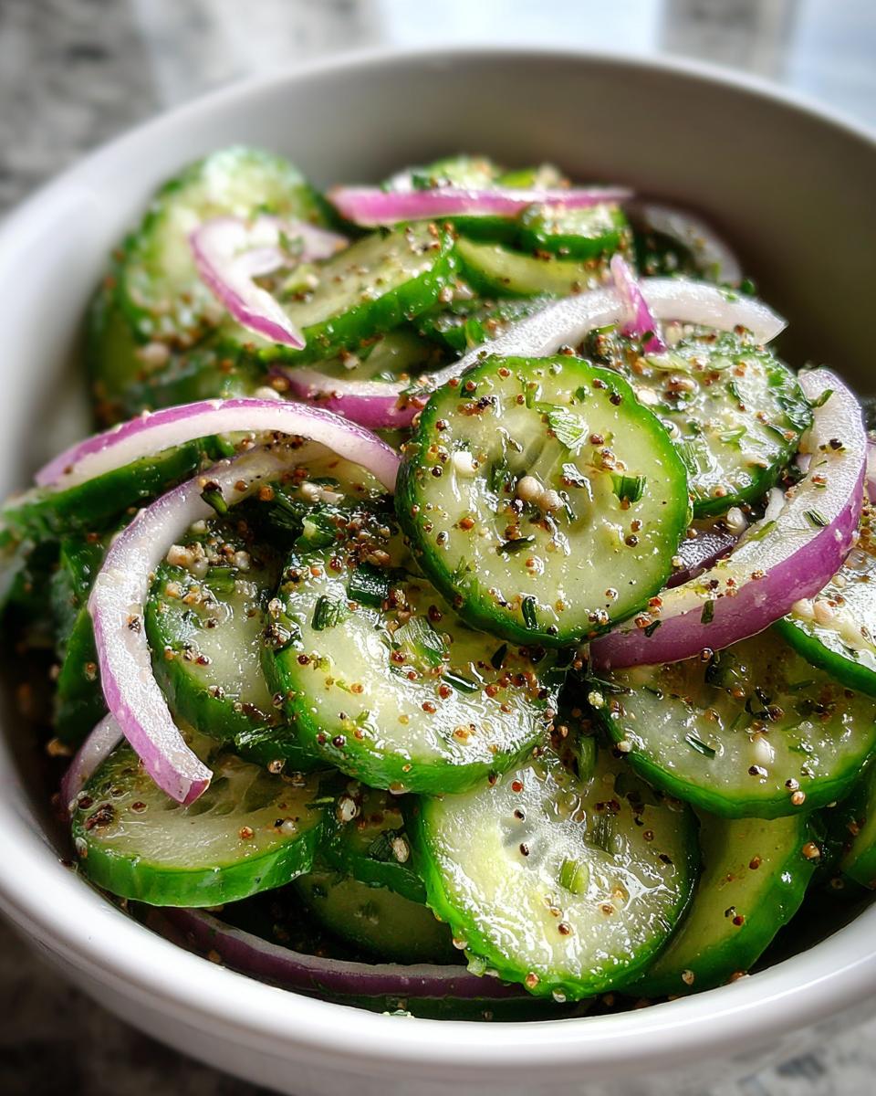 Everything Bagel Cucumber Salad: Pure Crunchy Joy 5 Close-up of Everything Bagel Cucumber Salad with thinly sliced cucumbers, red onion, and a flavorful dressing.