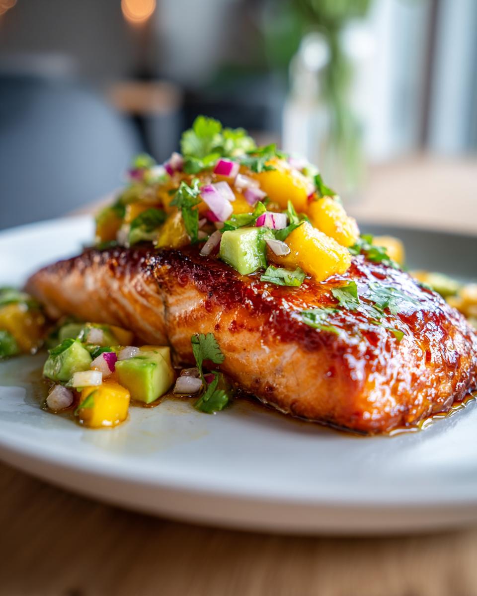 Firecracker Salmon: Bold Flavor, Quick Dinner 4 A close-up of a perfectly cooked Firecracker Salmon fillet topped with fresh Peach Avocado Salsa.