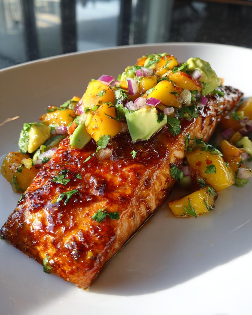 Firecracker Salmon: Bold Flavor, Quick Dinner 5 A close-up of glazed Firecracker Salmon topped with a vibrant Peach Avocado Salsa, featuring diced peaches, avocado, red onion, and cilantro.