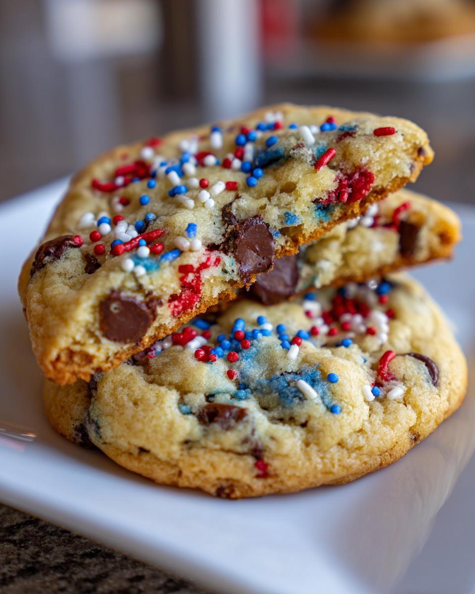 Firework Cookies: Festive 4th of July Treat 4 Close-up of two Firework Chocolate Chip Cookies topped with red, white, and blue sprinkles for a festive 4th of July treat.