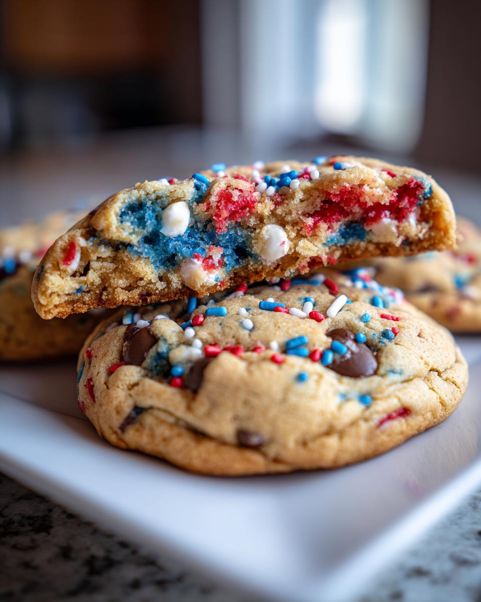 Firework Cookies: Festive 4th of July Treat 5 Close-up of Firework Chocolate Chip Cookies with red, white, and blue sprinkles and chocolate chips, perfect for a Festive 4th of July Treat.