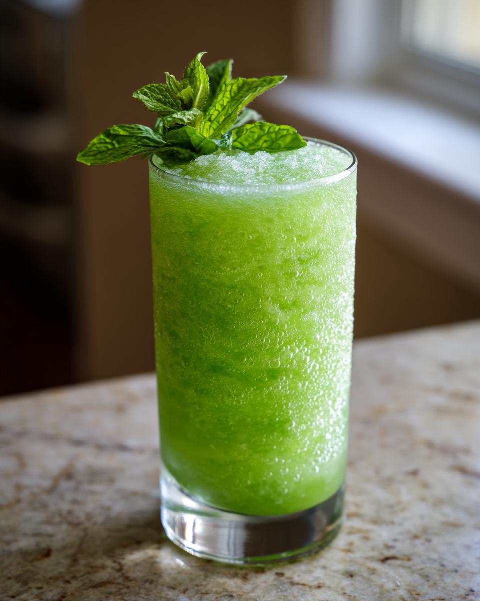 Frozen Mint Basil Lemonade Slushy: Perfect Summer Sip 4 A tall glass of vibrant green Frozen Mint Basil Lemonade Slushy, garnished with fresh mint leaves.