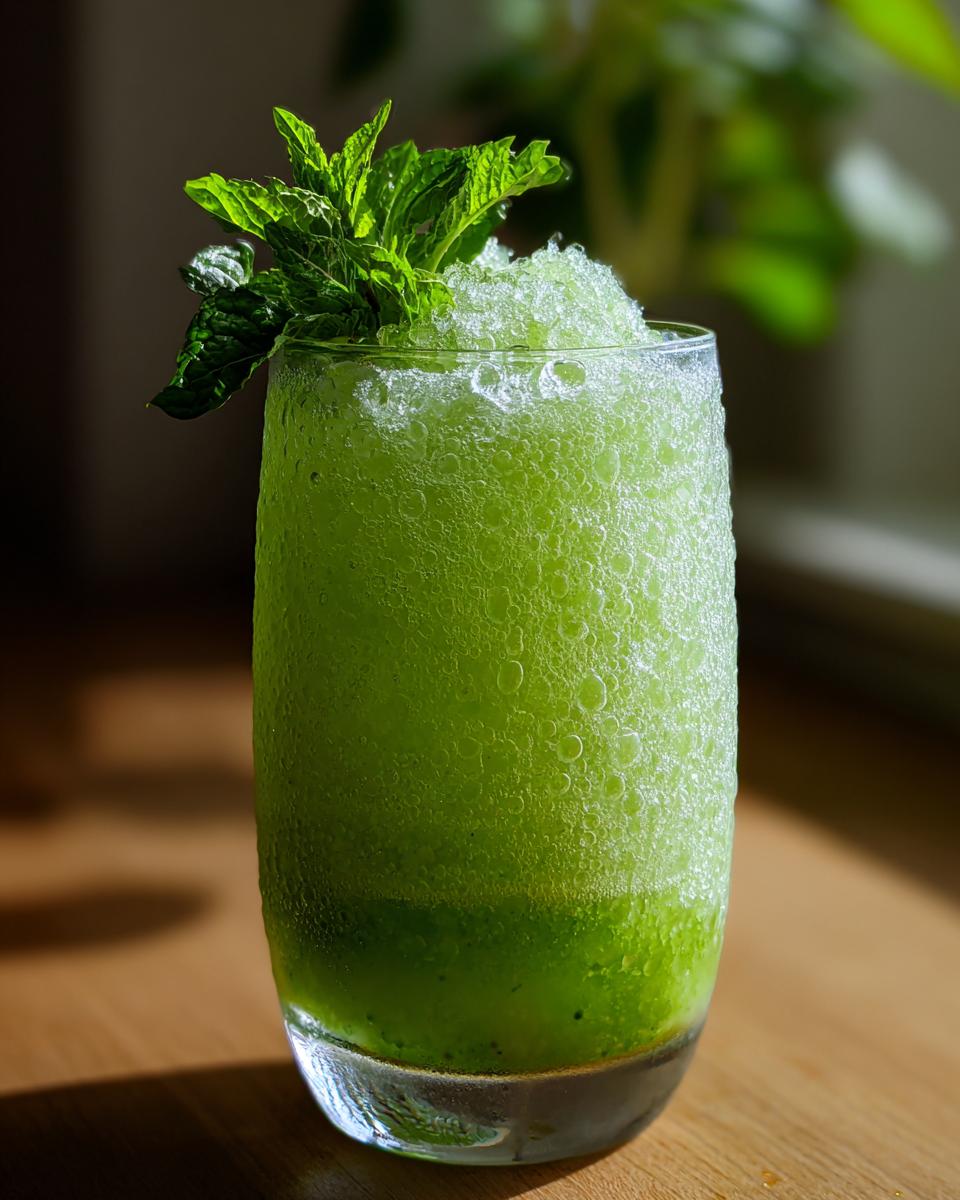 Frozen Mint Basil Lemonade Slushy: Perfect Summer Sip 5 A tall glass filled with a vibrant green Frozen Mint Basil Lemonade Slushy, topped with fresh mint leaves.