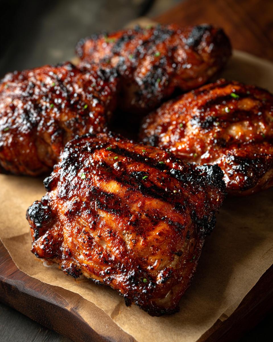 Juicy Smoky Grilled BBQ Chicken Thighs Summer 5 Close-up of juicy and smoky grilled BBQ chicken thighs with grill marks and a glossy glaze.