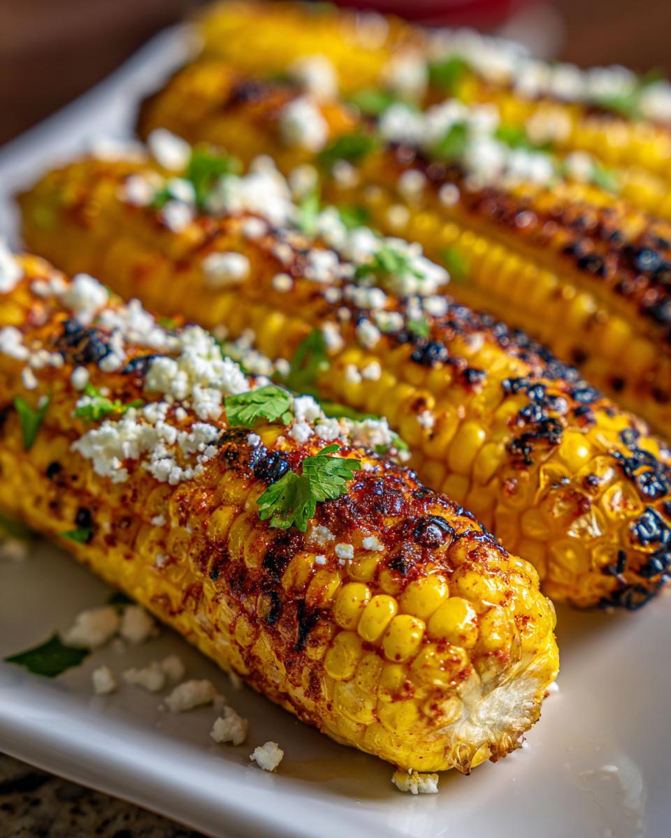Grilled Corn: Heavenly Chili Butter & Cotija 4 Close-up of grilled corn on the cob generously topped with chili butter, crumbled cotija cheese, and fresh cilantro.