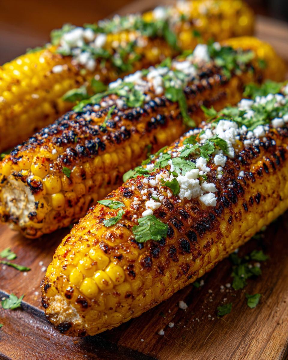 Grilled Corn: Heavenly Chili Butter & Cotija 5 Close-up of grilled corn on the cob, coated in chili butter and sprinkled with crumbled cotija cheese and cilantro.