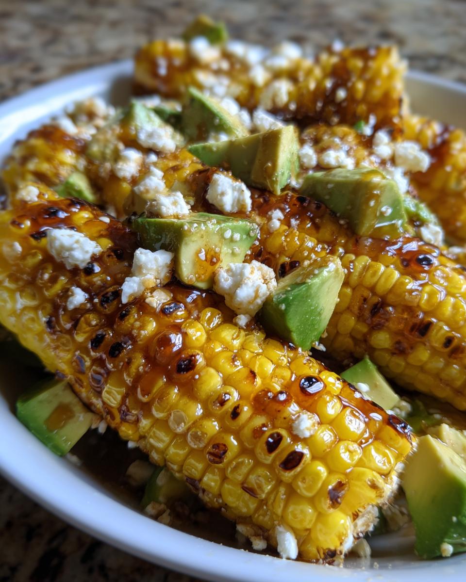 Guilt-Free Grilled Corn Salad with Avocado 4 Close-up of grilled corn on the cob pieces topped with avocado, goat cheese, and hot honey.