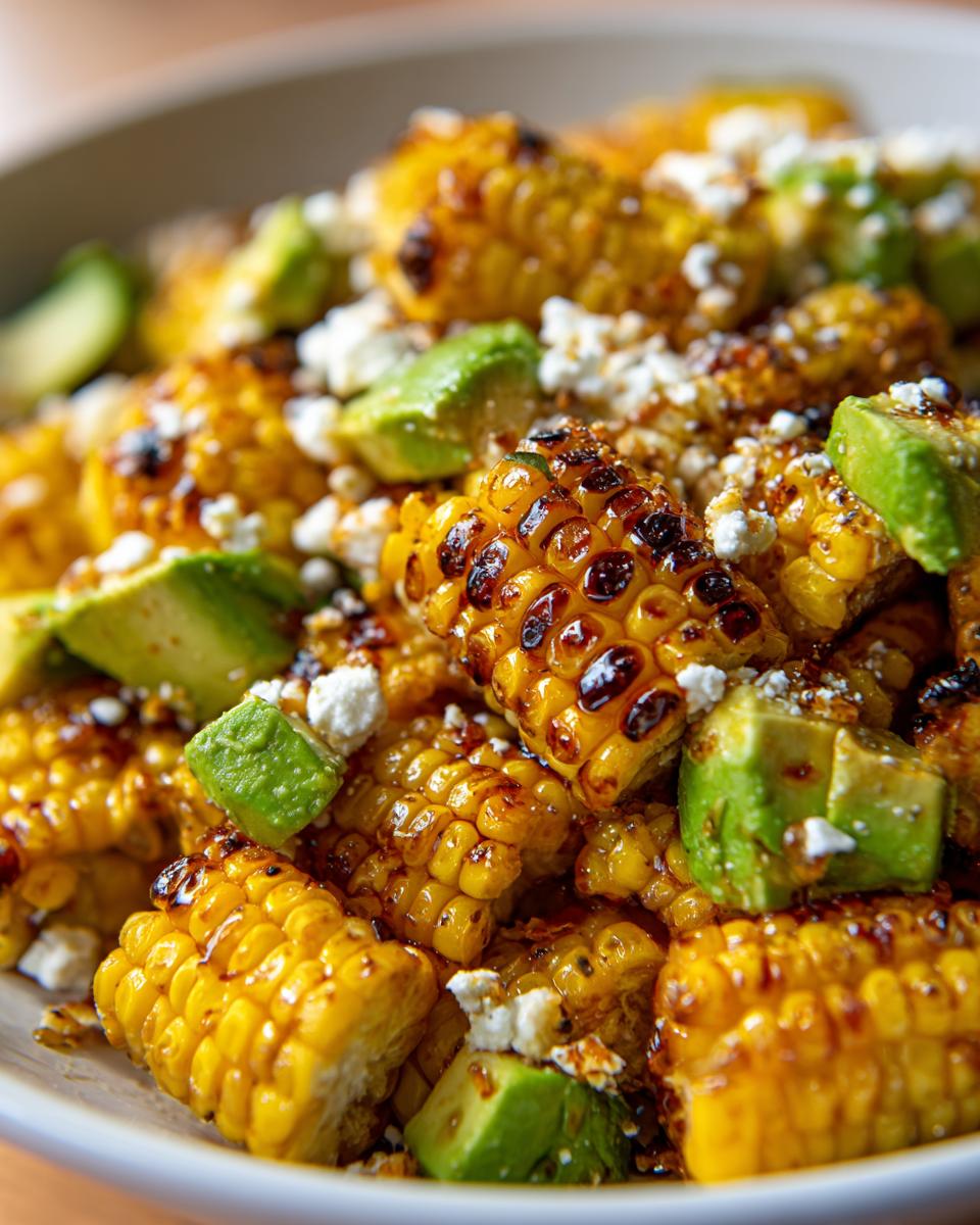 Guilt-Free Grilled Corn Salad with Avocado 5 Close-up of a Grilled Corn Salad with Avocado, Goat Cheese, and a drizzle of hot honey.