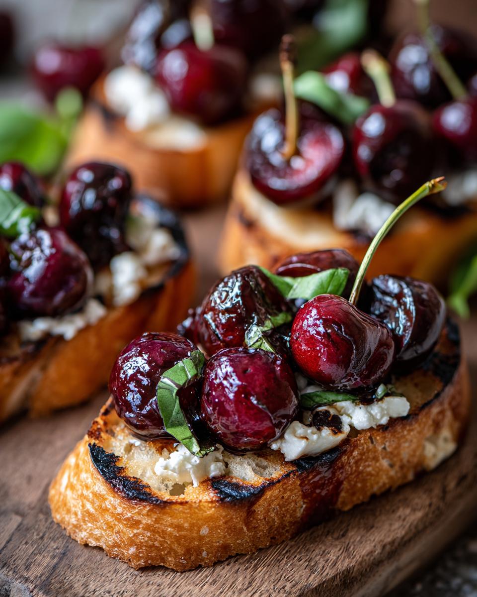 Grilled Crostini: Sweet Cherries, Tangy Goat Cheese 4 Close-up of grilled crostini topped with creamy goat cheese, glistening roasted cherries, and fresh basil leaves.