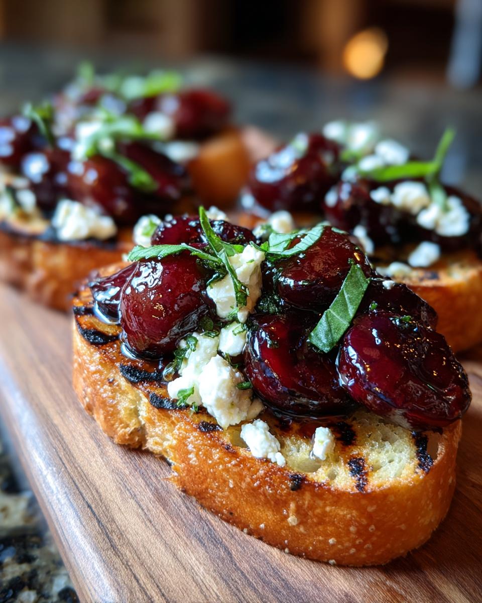 Grilled Crostini: Sweet Cherries, Tangy Goat Cheese 5 Close-up of grilled crostini topped with roasted cherries, crumbled goat cheese, and fresh basil.