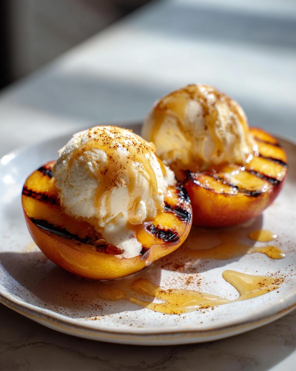 Sweet Grilled Peaches: 5-Minute Dessert Perfection 4 Two halves of grilled peaches topped with vanilla ice cream, drizzled with honey and sprinkled with cinnamon.
