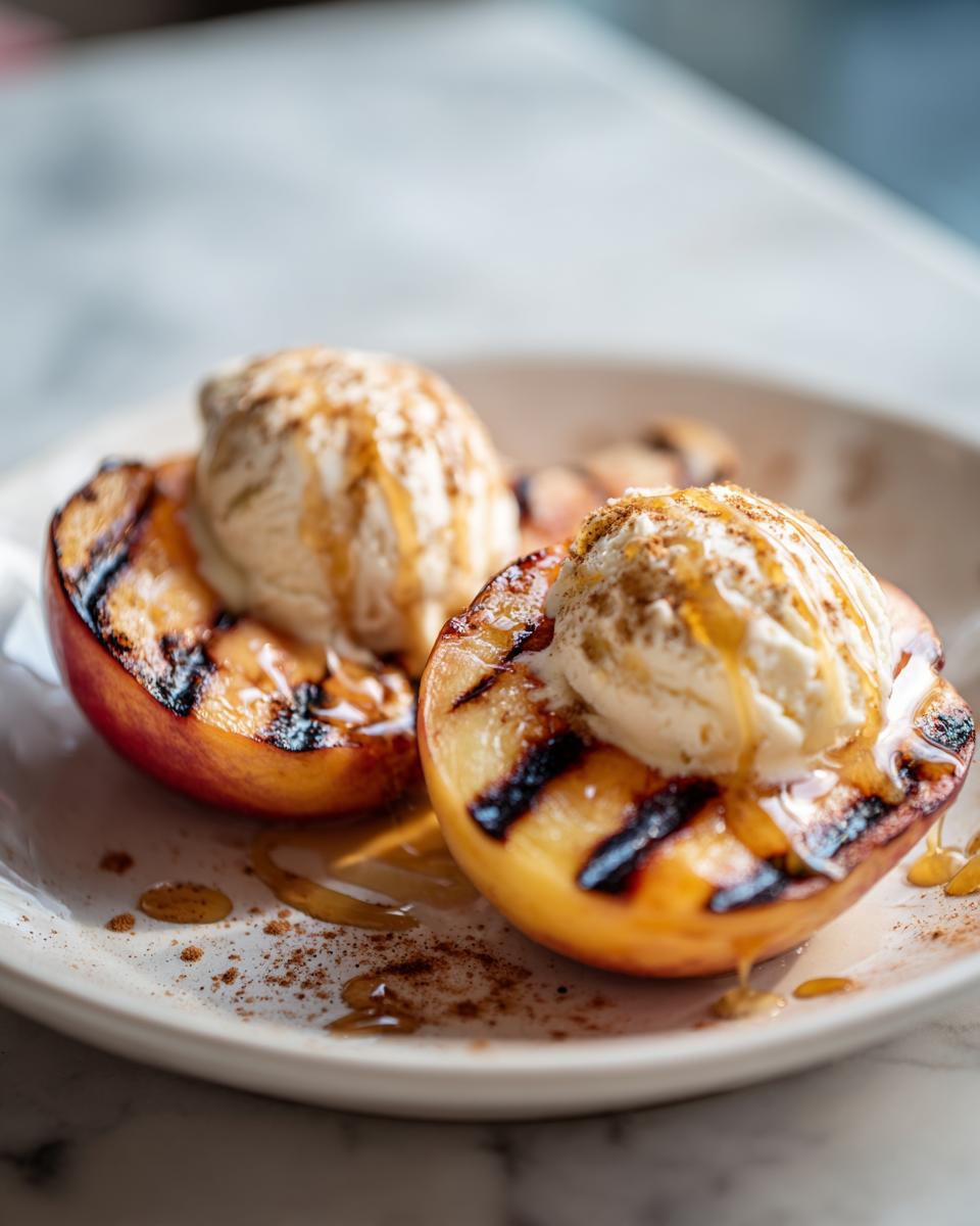 Sweet Grilled Peaches: 5-Minute Dessert Perfection 5 Two halves of grilled peaches topped with vanilla ice cream, drizzled with honey and sprinkled with cinnamon.