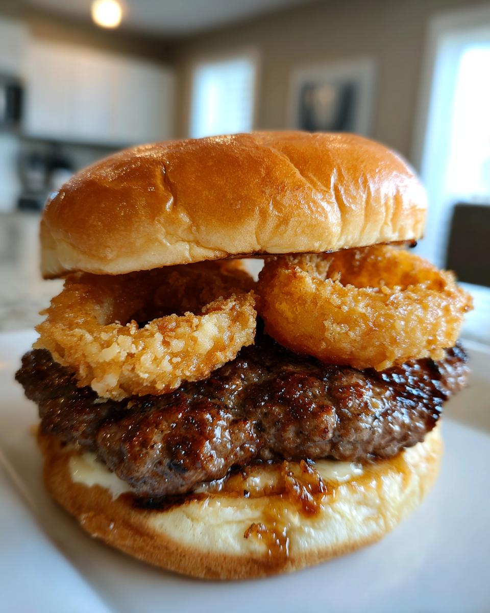 Juicy Ball Park Burger: 5-Star Crispy Rings 5 A close-up of a Juicy Ball Park Burger topped with two crispy onion rings.