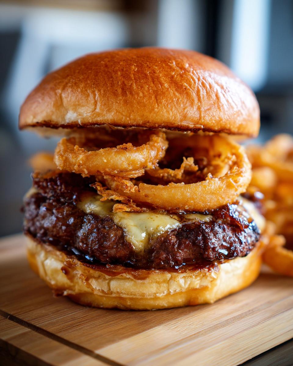 Juicy Ball Park Burger: 5-Star Crispy Rings 4 A close-up of a Juicy Ball Park Burger topped with Crispy Onion Rings and melted cheese, served on a wooden board.