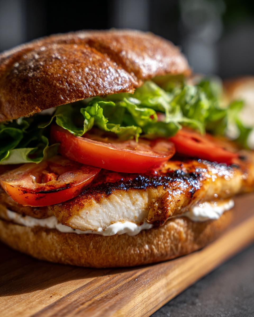 Juicy Flavorful Grilled Chicken Sandwich: Bliss! 5 Close-up of a juicy and flavorful grilled chicken sandwich with lettuce, tomato, and creamy sauce on a bun.