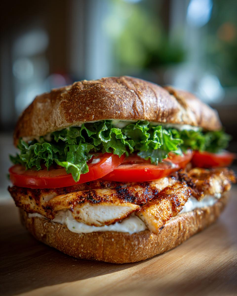 Juicy Flavorful Grilled Chicken Sandwich: Bliss! 4 A close-up of a juicy and flavorful grilled chicken sandwich on a rustic bun with lettuce, tomato, and creamy sauce.